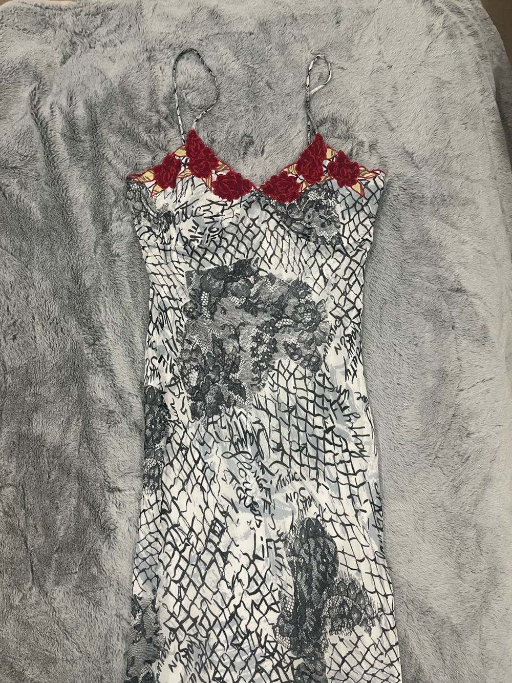 René Derhy White and Black Printed Midi Slip with Red Lace Trim